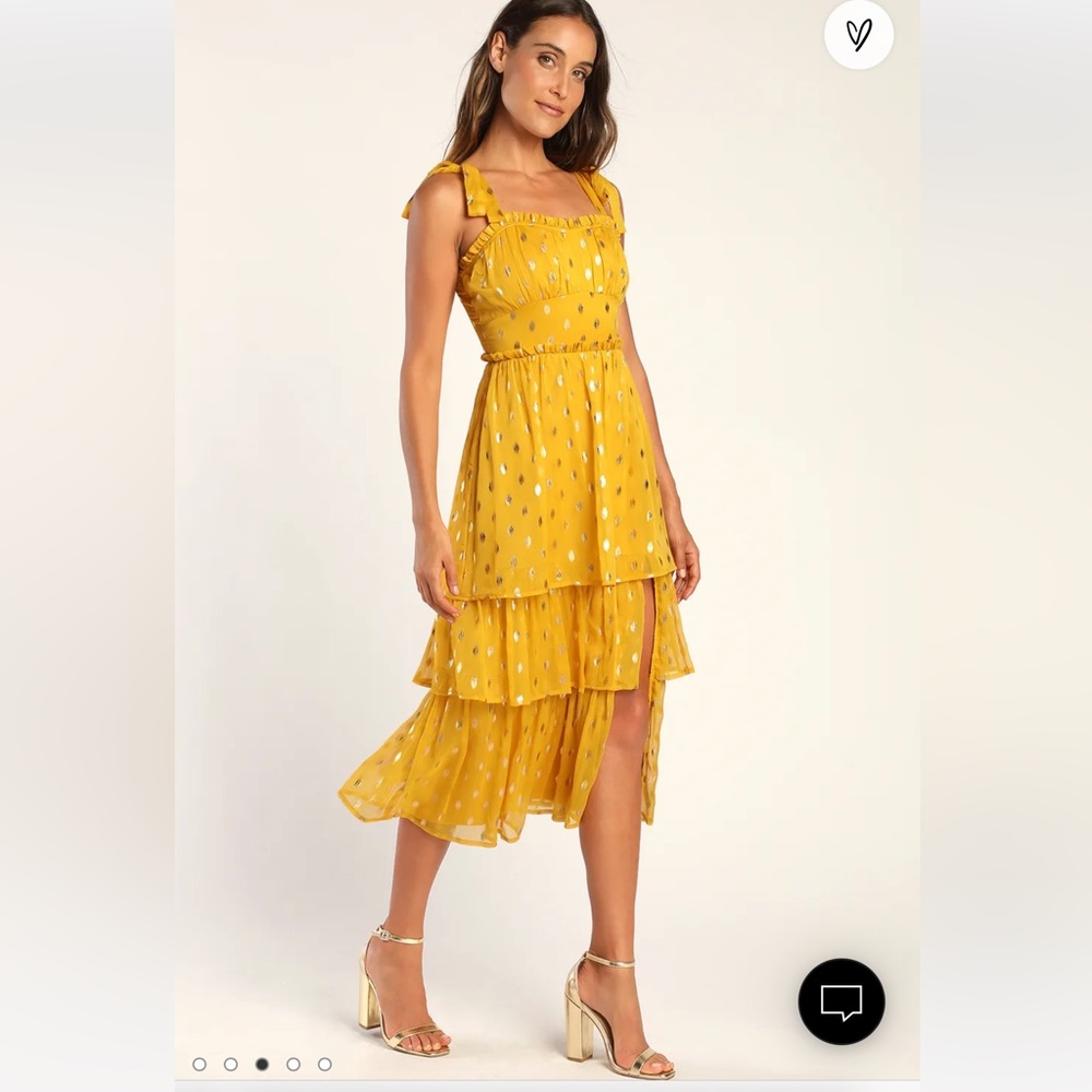 Lulus yellow polka dot tie strap tiered midi dress
